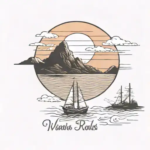ocean small distant small boat mountains and sunset/ words not all those who wander are lost tattoo design idea