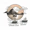 ocean small distant small boat mountains and sunset/ words not all those who wander are lost tattoo design idea