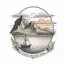 ocean small distant small boat mountains and sunset/ words not all those who wander are lost tattoo design idea