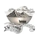 ocean small distant small boat mountains and sunset/ words not all those who wander are lost tattoo design idea