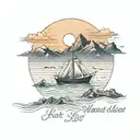 ocean small distant small boat mountains and sunset/ words not all those who wander are lost tattoo design idea