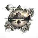 ocean small distant small boat mountains and sunset/ not all those who wander are lost tattoo design idea