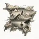 ocean small distant small boat mountains and sunset/ not all those who wander are lost tattoo design idea