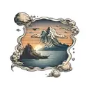 ocean small distant small boat mountains and sunset/ not all those who wander are lost tattoo design idea