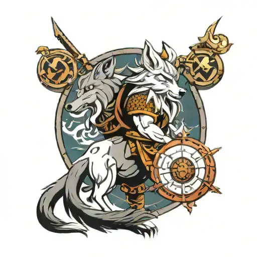 a viking warrior, a wolf, a viking compass, a dragon ball from dragon ball z tattoo design idea