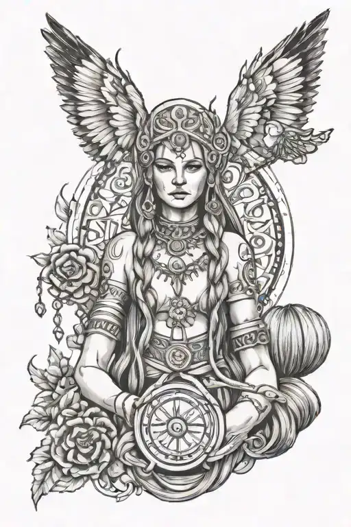 Slavic goddess Mokosh with a spindle and yarn tattoo design idea