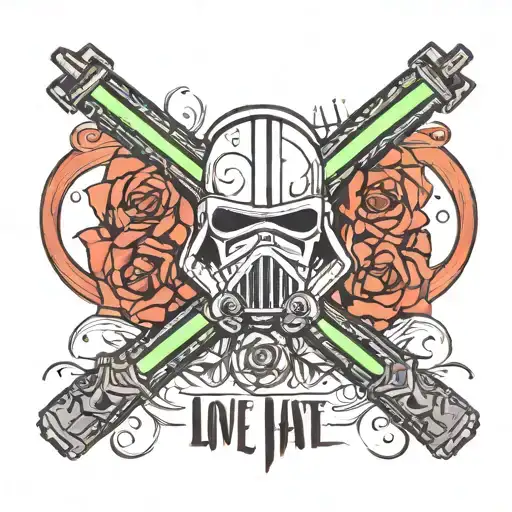 love and hate words with a lightsaber in the middle tattoo design idea