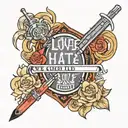 love and hate words with a lightsaber in the middle tattoo design idea