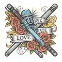 love and hate words with a lightsaber in the middle tattoo design idea