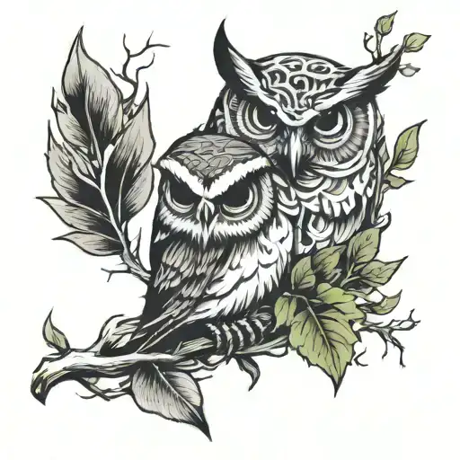 Leaves skull owl and branches  tattoo design idea