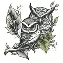 Leaves skull owl and branches  tattoo design idea