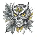 Leaves skull owl and branches  tattoo design idea