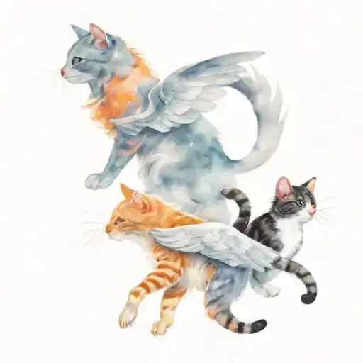 tabby and orange cat with angel wings and three rats, one gray and two black&white running around them tattoo design idea