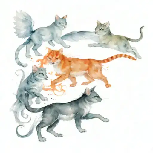 tabby and orange cats with angel wings and three rats, one grey, two black&white running around them tattoo design idea