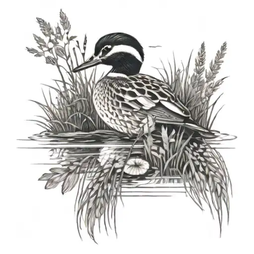 A serene duck floating on a peaceful pond surrounded by tall grasses with a raccoon and a fox  tattoo design idea