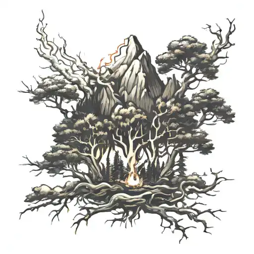 McKenzie clan logo 3 mountains on fire. pine and oak trees on right with branches, roots and smoke slightly extending tattoo design idea