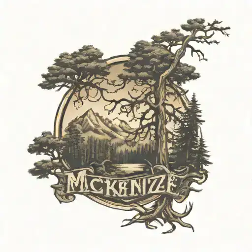 McKenzie clan logo 3 burning mountains. pine trees on left oak on right with branches and roots slightly extending tattoo design idea