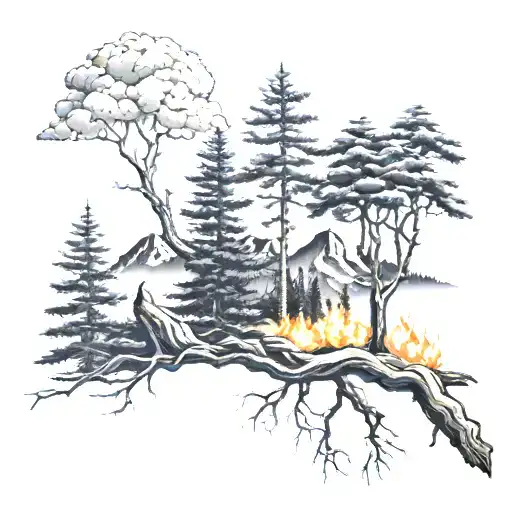McKenzie clan symbol 3 mountains on fire. pine oak trees on right with branches, roots and fire smoke fading  tattoo design idea