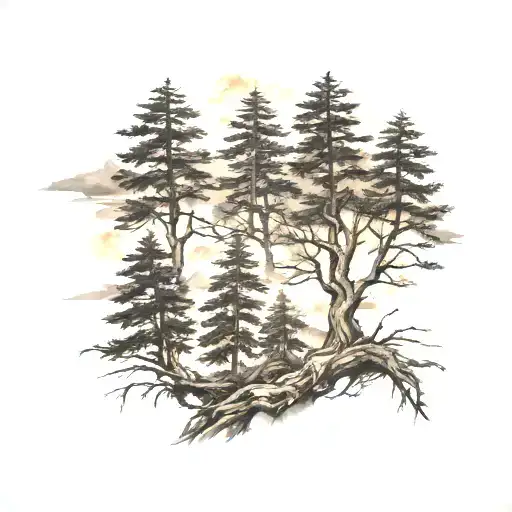 McKenzie clan 3 mountains on fire. pine oak trees on right with branches, roots and fire smoke fading  tattoo design idea