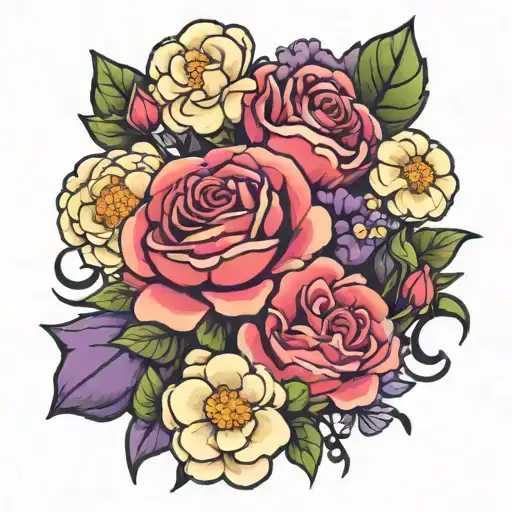 bouquet of carnation violet daisy and rose tattoo design idea