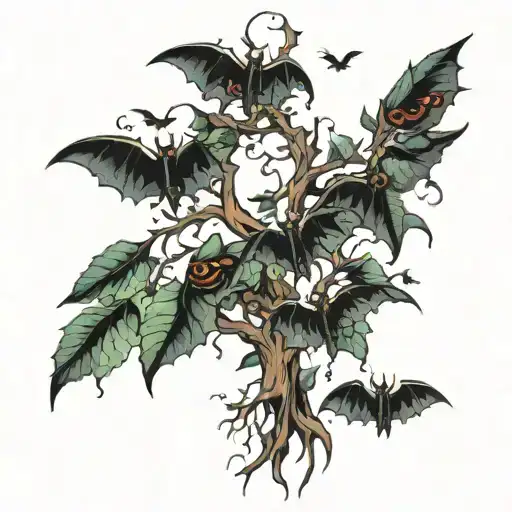 poison tree with bats flying away tattoo design idea