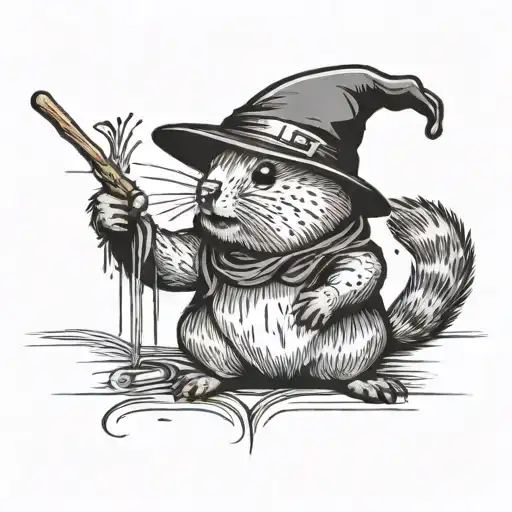 Quokka in a wizarding hat with a  wand casting a spell, minimalistic tattoo design idea