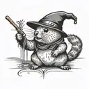 Quokka in a wizarding hat with a  wand casting a spell, minimalistic tattoo design idea
