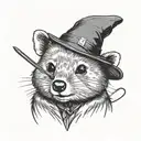 Quokka in a wizarding hat with a  wand casting a spell, minimalistic tattoo design idea