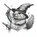 Quokka in a wizarding hat with a  wand casting a spell, minimalistic tattoo design idea