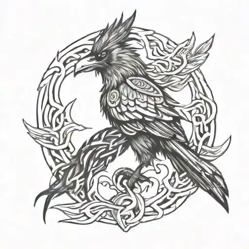 crow, fire, tribal, viking tattoo design idea