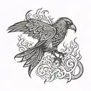crow, fire, tribal, viking tattoo design idea