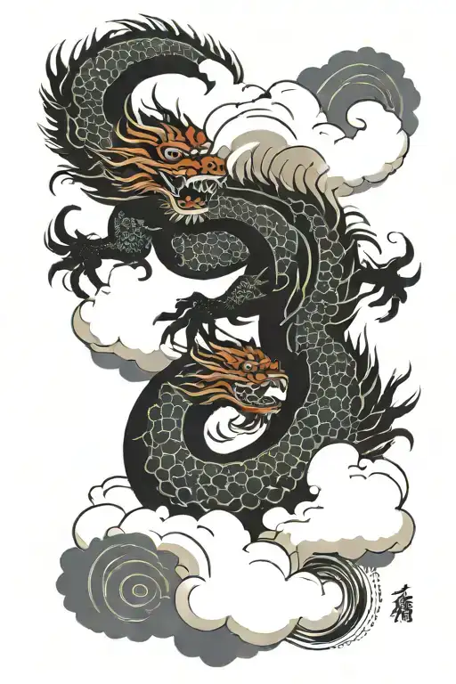 Chinese dragon surrounded by Japanese clouds and waves  tattoo design idea