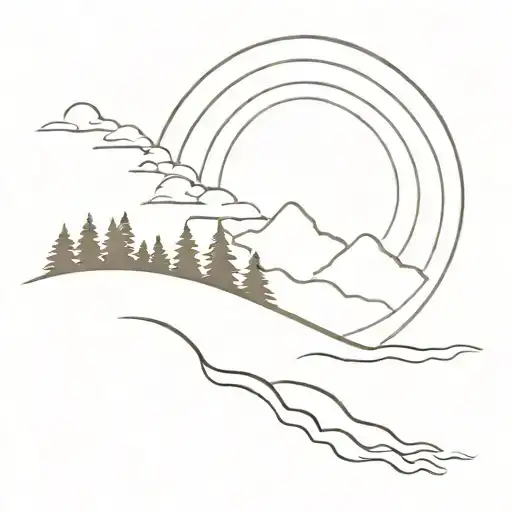 A minimalist design of a sun rising over a foggy forest, with a subtle outline of a teacher in the background tattoo design idea