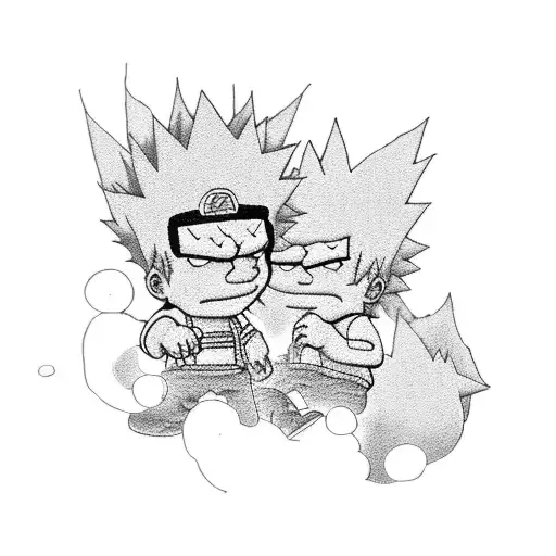 A dotwork tattoo of Bart Simpson riding on Naruto's back tattoo design idea
