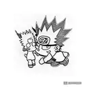 A dotwork tattoo of Bart Simpson riding on Naruto's back tattoo design idea