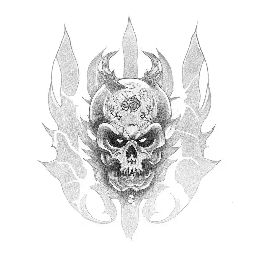 Tattoo sketch, Japanese style, black and white, contour style, death god mask tattoo design idea