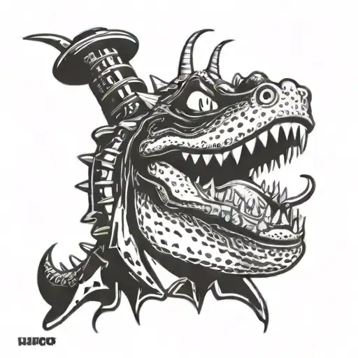 Reptar in a noir-inspired style as a detective solving mysteries in Los Angeles tattoo design idea