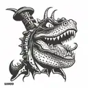 Reptar in a noir-inspired style as a detective solving mysteries in Los Angeles tattoo design idea