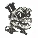 Reptar in a noir-inspired style as a detective solving mysteries in Los Angeles tattoo design idea