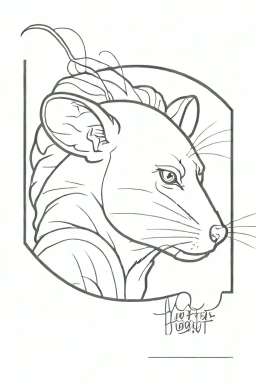 One eye is red, the other eye is gold, the head of a rat with white fur, tongues of fire, a brain that reads thoughts, a tattoo design idea