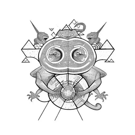 A lizard and monkey in a stylized geometric landscape with visual art elements tattoo design idea
