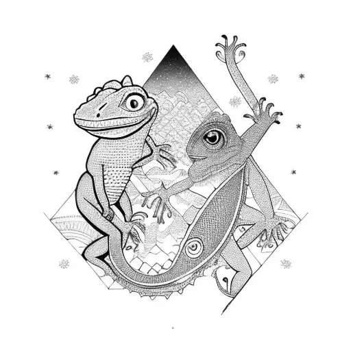 A lizard and monkey in a stylized geometric landscape with visual art elements tattoo design idea