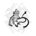 A lizard and monkey in a stylized geometric landscape with visual art elements tattoo design idea
