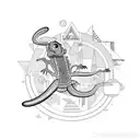 A lizard and monkey in a stylized geometric landscape with visual art elements tattoo design idea