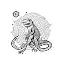 A lizard and monkey in a stylized geometric landscape with visual art elements tattoo design idea