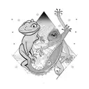A lizard and monkey in a stylized geometric landscape with visual art elements tattoo design idea