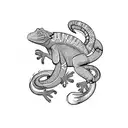 A lizard and monkey in a stylized geometric landscape with visual art elements tattoo design idea