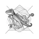 A lizard and monkey in a stylized geometric landscape with visual art elements tattoo design idea