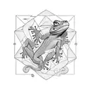 A lizard and monkey in a stylized geometric landscape with visual art elements tattoo design idea