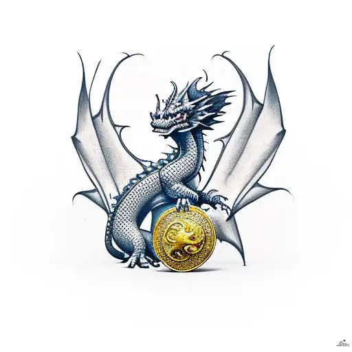 Tiny dragon holding coin tattoo design idea